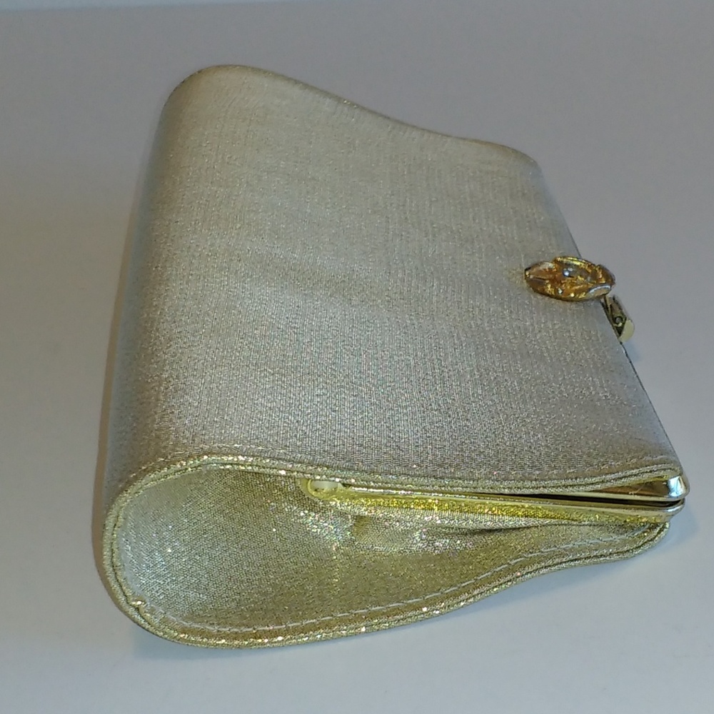 Gold Fabric Clutch Crystal Flower Clasp - Picture 6 of 8
